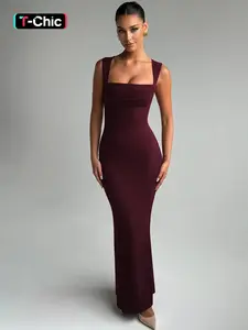 Women's Solid Color Square Neck Bodycon Tank Dress, Elegant Formal Wear Sleeveless Long Dress for Party Club Night Out Holiday Evening, Ladies Summer Clothes, Bodycon Pencil Dress