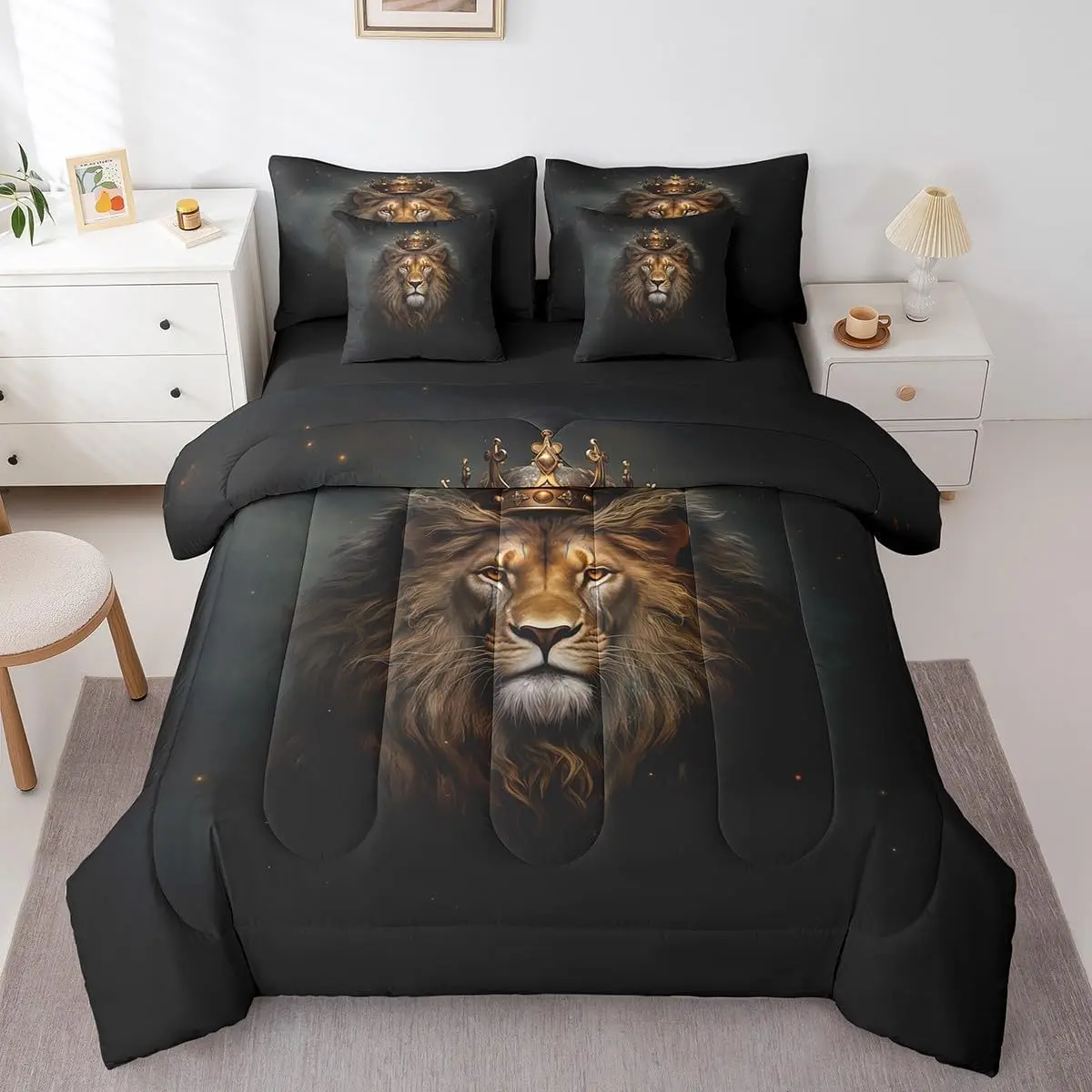 7 Pcs Comforter Set,Lion Golden Print Bedding Black 3D Lion Animal Print Sheet Set Bed in A Bag,Crown Lion African Wildlife Duvet Insert for