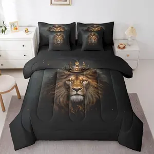 7 Pcs Comforter Set,Lion Golden Print Bedding Black 3D Lion Animal Print Sheet Set Bed in A Bag,Crown Lion African Wildlife Duvet Insert for