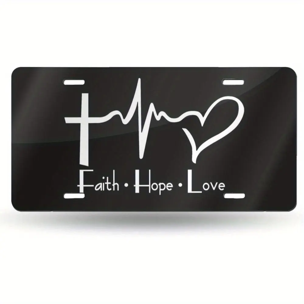 Faith Hope Love Cross Heart Aluminum License Plate - 6x12 Inch Inspirational Car Decor with Heartbeat Line Design, Durable Novelty Plate for Vehicles, Men & Women