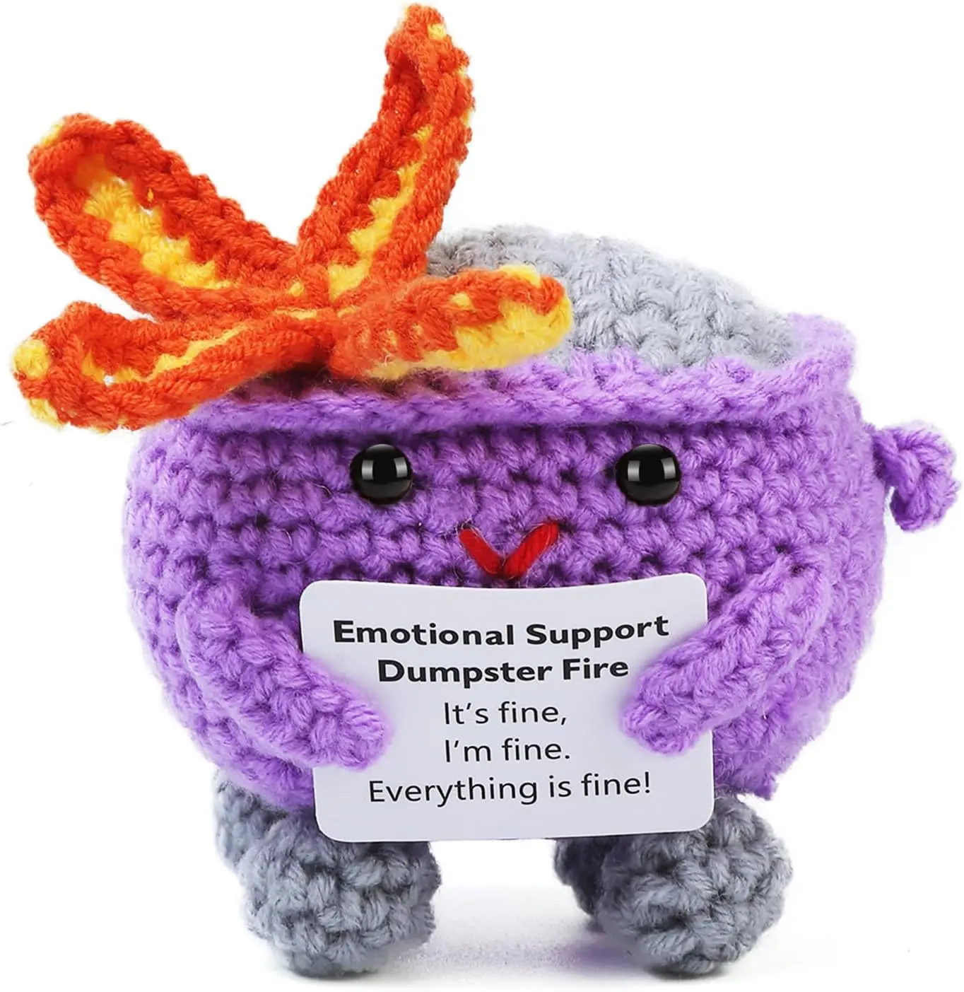 Emotional Support Dumpster Fire- Funny Handmade Crochet Dumpster Fire Doll with Positive Words, Dumpster Fire Table Decor Accessories for Friends Birthday and Family Room Decor(Purple)