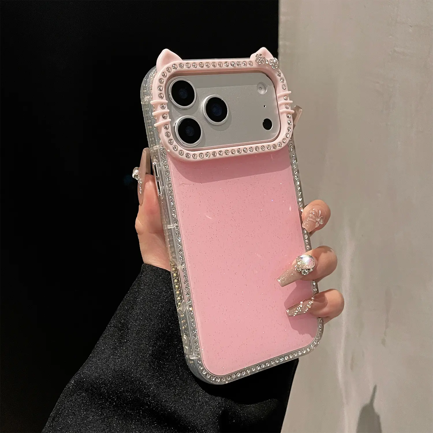 Sparkling Kitty Phone Case Compatible with iPhone 17/16/15/14/13/12/11 Air ProMax,Rhinestone Cute Cat Ear Camera Frame,Shiny Holographic TPU Protection Shockproof Cover