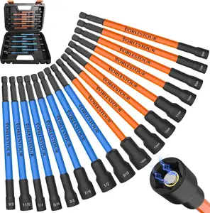 16PCS Magnetic Nut Driver Set - SAE & Metric Nut Driver Set for Impact Drill - 6 Inch Long Nut Driver Set with 1/4"Hex Shank, Magnetic Socket Set with Sturdy Tool Box
