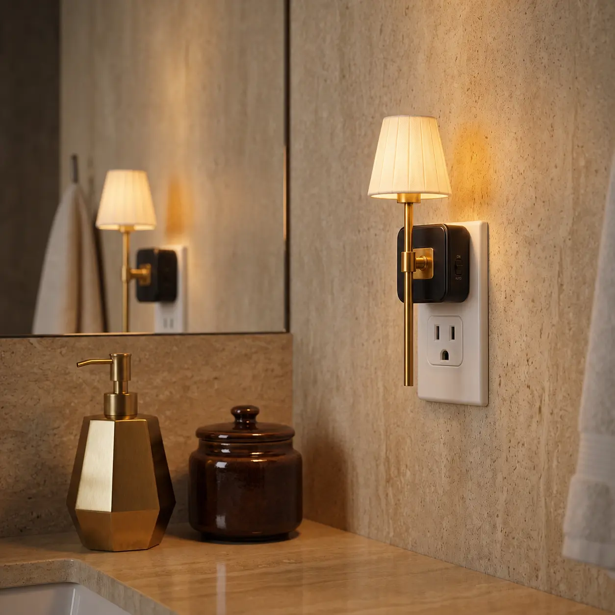 Plug-in LED Night Light with Dusk to Dawn Sensor, Dimmable Vintage Wall Sconce with Fabric Shade for Bedroom Bathroom