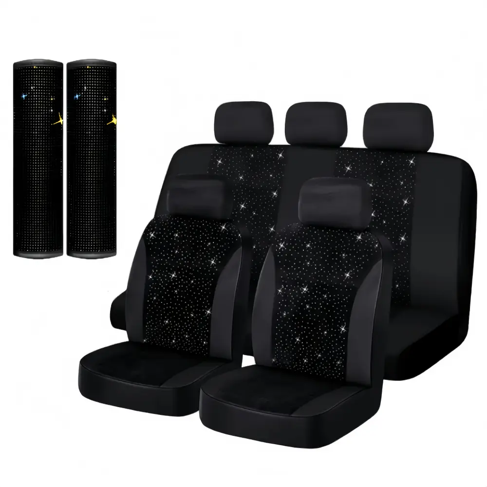 YASEENLIN 9-Piece Set White Rhinestone Car Seat Covers Easy Clean Durable All-Season Hand Washable Polyester Universal Fit for Most Vehicles Includes 2 Shoulder Protectors