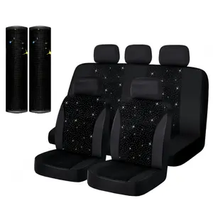 YASEENLIN 9-Piece Set White Rhinestone Car Seat Covers Easy Clean Durable All-Season Hand Washable Polyester Universal Fit for Most Vehicles Includes 2 Shoulder Protectors