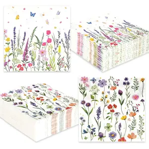 100Pcs Wildflower Napkins, Disposable Spring Floral Party Napkins, 2-Ply Guest Dinner Hand Napkin with Butterfly Flower for Spring Wedding Birthday Tea Bridal Dinner Parties & Home Use