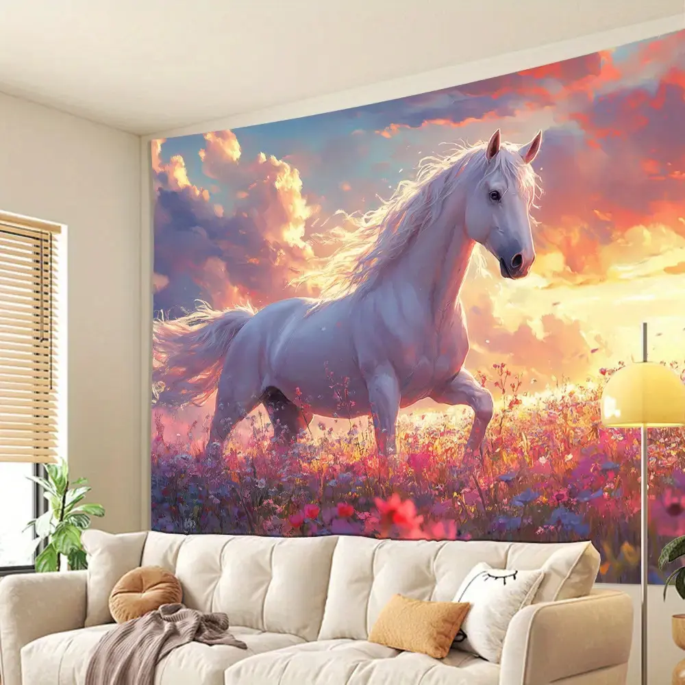 Vintage-Style 3D Visual Effect White Horse on Meadow Wall Tapestry, Polyester, Featherless, No Electricity Needed, Ideal Creative Gift for Living Room, Bedroom, Office, Party Decor