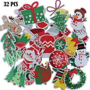 32PCS Merry Christmas Embroidered Patches Iron on Xmas Tree Stocking Wreath Bell Pattern Iron on Embroidered Appliques for Christmas Celebration DIY on Bags, Clothes, Hats etc.