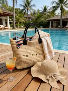 Woven straw handbag, beach vacation 'TOTE BAG' printed straw handbag, can be used as a beach bag, summer handbag, shopping bag, Bohemian summer style, suitable for beach lovers
