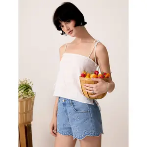 Cider Cotton-blend Textured Embroidery Knotted Oversized Crop Blouse