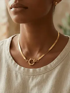 1pc Golden Plated Herringbone Chain Necklace, Minimalist Paperclip Clasp Choker, Dainty Flat Snake Bone Necklace for Women, Everyday Wear Jewelry