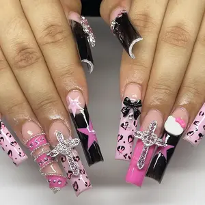 24Pcs Press on Nails - Long Square Glue on Nails with Pink Black Cheetah, Acrylic Y2K Cross Design 24 pcs