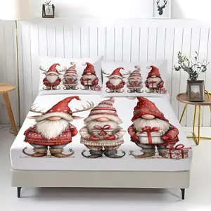 3-piece set of cute Christmas three small patterned bed sheets, including 1 bed sheet and 2 pillowcases, with anti slip and dust covers suitable for bedrooms and as Christmas gifts
