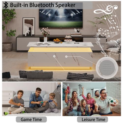 47" Modern Coffee Table with 24-Color LED with Wireless Charging, Bluetooth Speaker, and USB Ports, High Glossy Marble Coffee Table with Large Open 2-Tier Storage and Shelves for Living Room - White