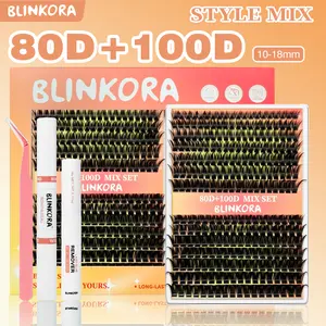 Blinkora 80D+100D Hybrid Eyelash Kit 10-18mm Beginner Friendly DIY Lash Extension Waterproof Long Lasting with Free Glue Remover Applicator Cluster Lash Kit Makeup Cosmetics