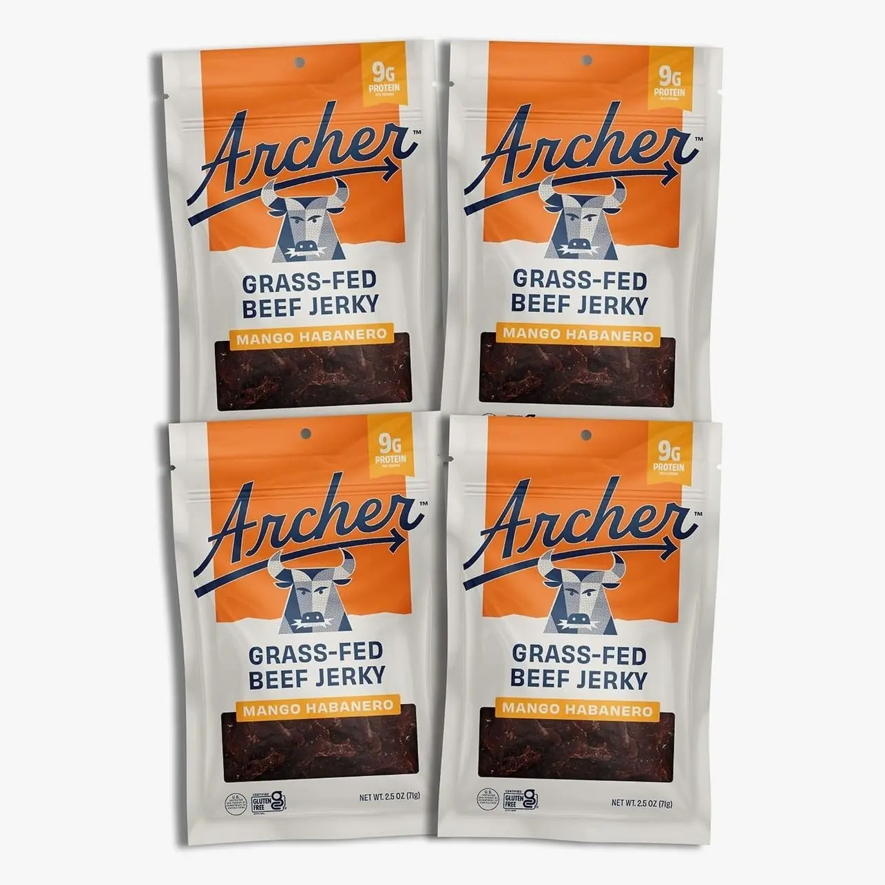 Country Archer Grass-Fed Beef Jerky - Beef Snack Pack Bulk, Individual Bags, Protein Snack, Gluten Free, Paleo - Mango Habanero, 2.5 Oz (4 Pack)