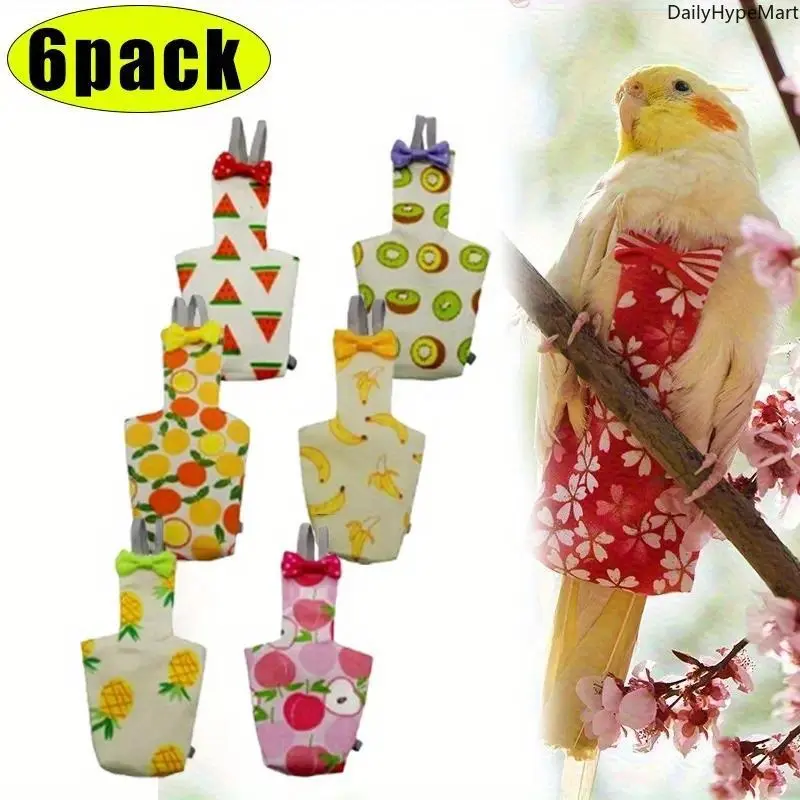 6-Pack Cute Patterned Bird Diapers - Soft Reusable Flight Suits with Bow Tie, Adjustable Waterproof Clothes for Small Parrots, Funky, Universal, Prevents Mess, Colorful Prints, Velcro Closure, Six-Pack