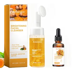 Amococo Brightening Face Cleanser & Turmeric Essence Oil Two-piece set with Rose Water & Koji Acid for Even Skin Tone Hydration & Smoothing Natural Face & Body Care Skincare Daily