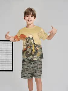 Ukiyo-e Samurai Fox Two-Piece Short Sleeve and Shorts Set, 100% Polyester Casual Loose-Fit Outfit, Fun Printed Patterns for Summer, Outdoor Sports T-Shirt Set, Perfect Gift for Boys