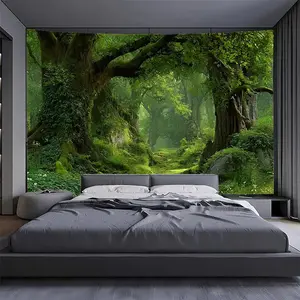 2D Flat, 1pc Extra Large Tropical Forest Landscape Tapestry - Giant Wall Mural - HD Digital Print with Lush Green Trees, Mountains & Foliage - Self-Adhesive Wallpaper-like Home Decor - Easy Peel & Stick Installation - No Electricity Needed - Durable Polye