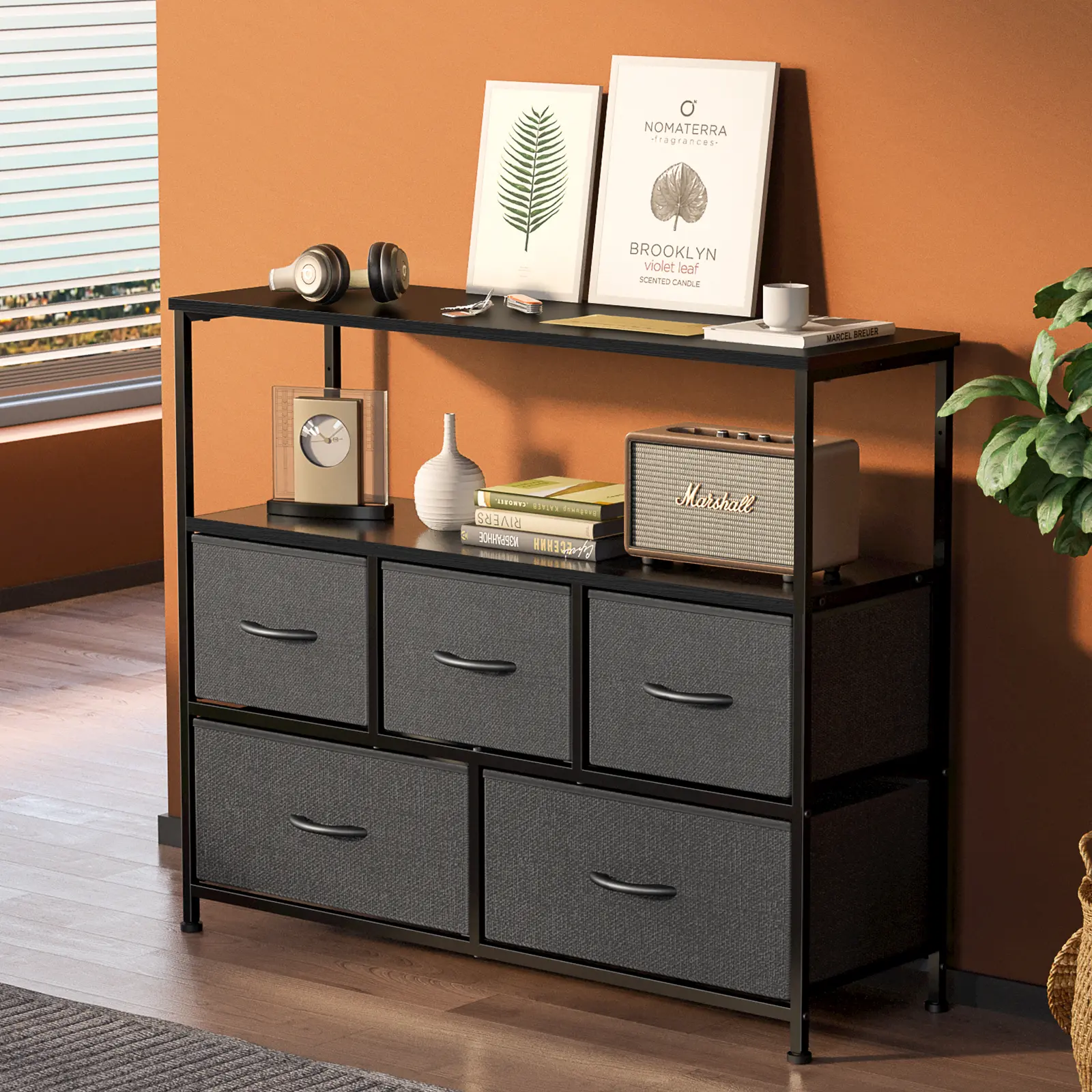 Sweetcrispy Rectangle TV Stand Sideboard - Sturdy Metal Frame Console, Compact Multimedia Centre with 5 Fabric Drawers, Large Open Storage Shelf, Max 45" Size, Modern Indoor Furniture for Living Room Room Decor