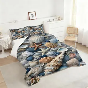 Coastal Charm Comforter Set, Featuring Seashell & Starfish Design, Soft and Cozy Bedding Set, Perfect for Beach-Inspired Bedroom Decor, Enhance Your Relaxation Space with Marine Elegance, Includes 1 quilt, with 1 or 2 Pillowcase No Pillow Core