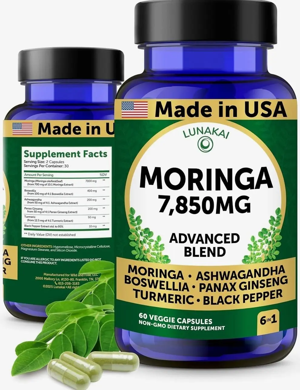 Lunakai USA Made Pure Moringa Capsules – Advanced Moringa Leaf Extract Supplement with Ashwagandha, Boswellia, Ginseng & Turmeric, 60ct