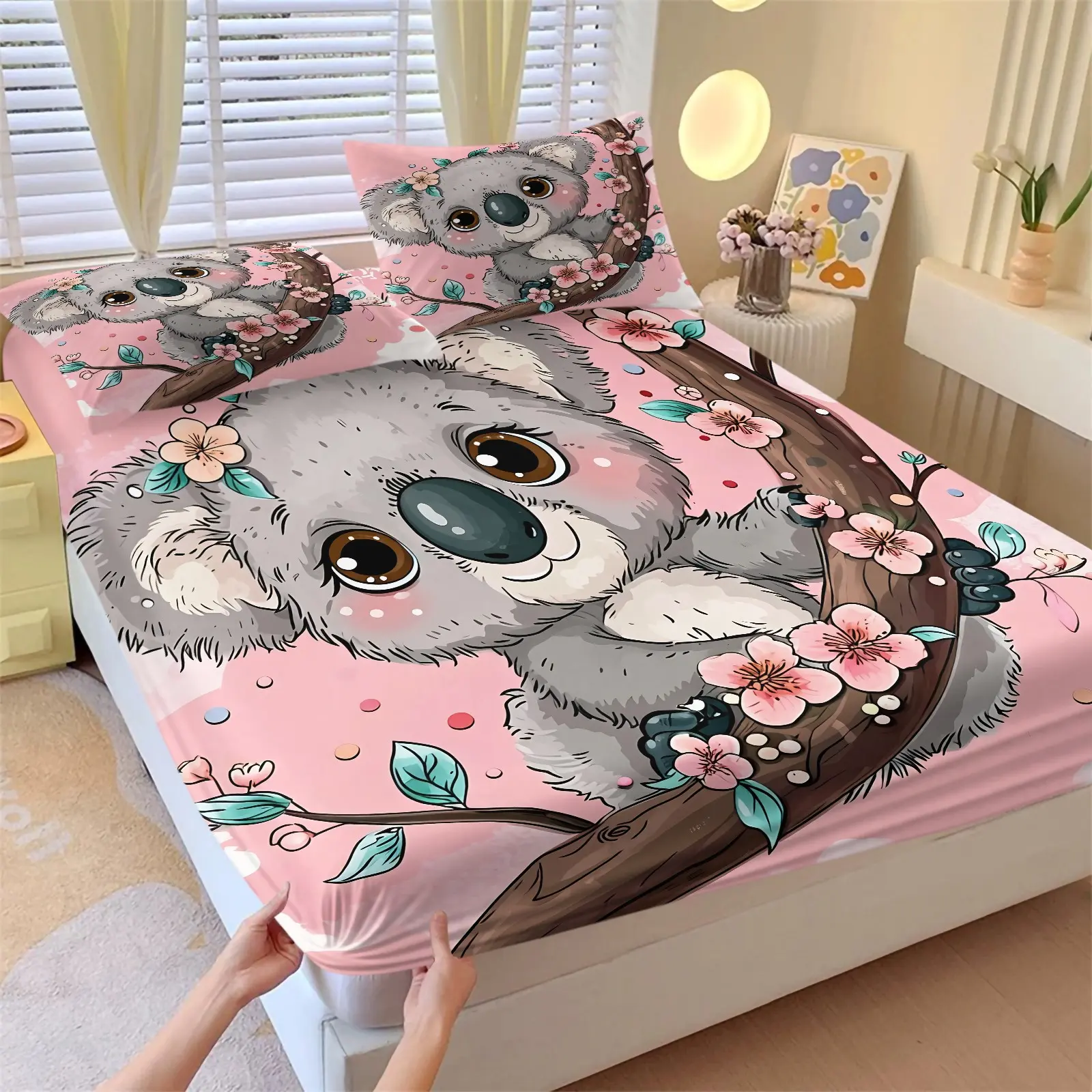 3Pcs Cute Cartoon Koala Print Fitted Sheet Set No Fillers, Pink Cherry Blossom Floral Pattern, Kawaii Animal Bedding Set with 2 Pillowcases, Deep Pocket Soft Microfiber Bed Sheet Set for Kids Girls Bedroom Dorm Decor