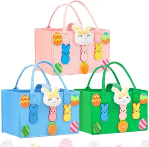 3 Pack Large Easter Basket Bags with Handles, Reusable Felt Easter Gift Bags for Kids with Bunny Egg Pattern, Easter Treat Tote Bags for Candy Egg Hunt Favors (Blue & Pink & Green)
