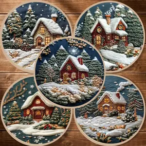 For Skilled Embroidery Adults Christmas Snow House Tree Warm Scenery Embroidery Kit with Needle,EN Instruction,Thread