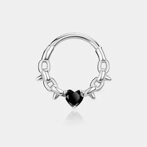 Oufer Chain with Black CZ Heart Hinged Segment Clicker 16G Septum Ring for Body Piercing Jewelry Unique Design
