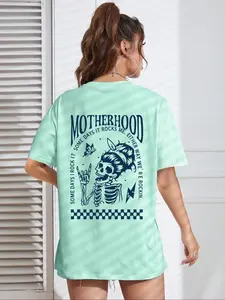 Y2K Motherhood Skull Skeleton Print Short Sleeve T-Shirt, Vintage Loose Fit Casual Top for Moms, Soft Cotton Fabric, Rebel Chic Style