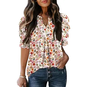 Women's Puff Short Sleeve Shirt V Neck Summer Tops Casual T Shirts Loose Fit Blouses