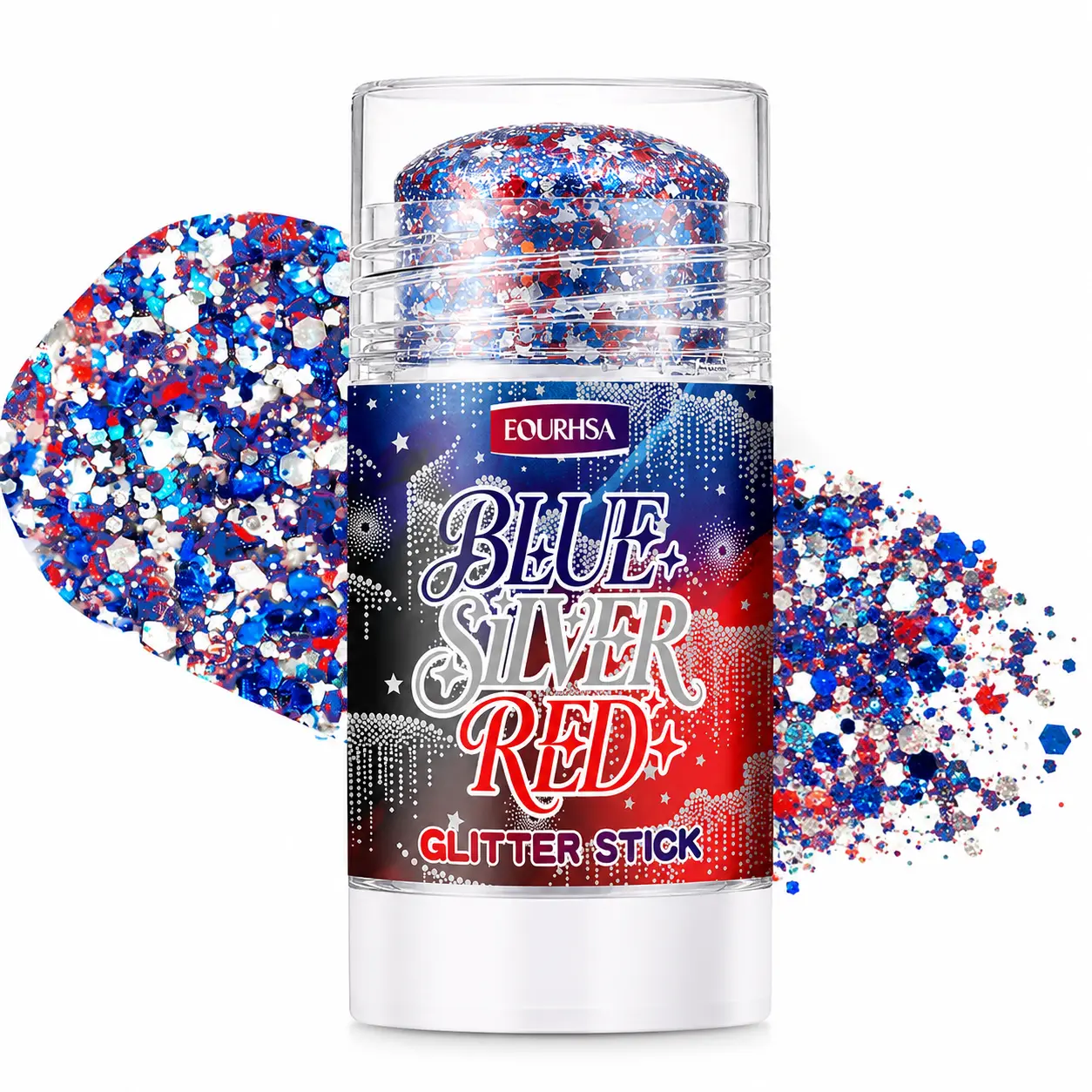 Patriotic Chunky Glitter Stick, Red Blue Silver No-Mess Face Body Glitter, Easy Glide Long Lasting Shimmer Glitter Makeup for Halloween Costume Party Festival Dress-Up Cosplay Holiday Events
