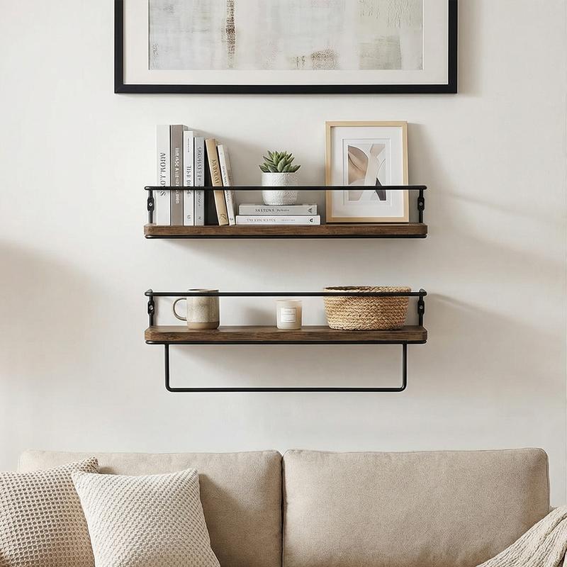 Spaco 15.7'' Floating Shelves - Set of 2, Wall Mounted Hanging Shelves with Black Towel Rack, Decorative Storage Shelves for Bathroom, Kitchen, Living Room & Bedroom