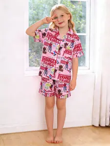 2-piece children's cartoon printed, Vibrant prints short sleeved shorts soft, comfortable, skin-friendly top small pocket lapel design elastic waist casual home Print Sleepwear Set