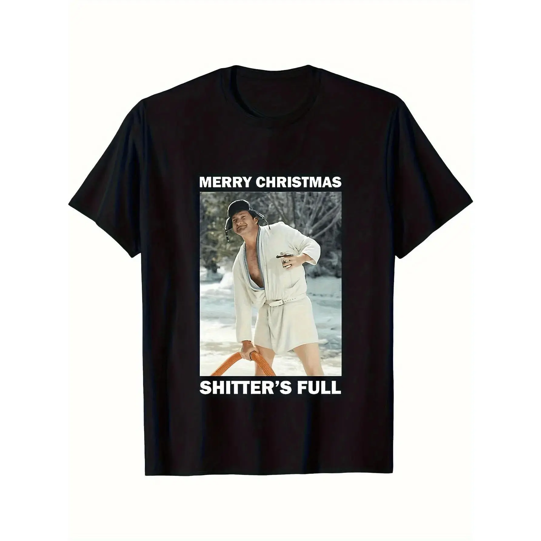 Humorous Christmas T Shirt Featuring Cousin Eddies Full Graphic Tee Inspired by Holiday Vacation Slim Fit Black Shirt for Adults Sizes S to 3XL Bathroom Prank Gift