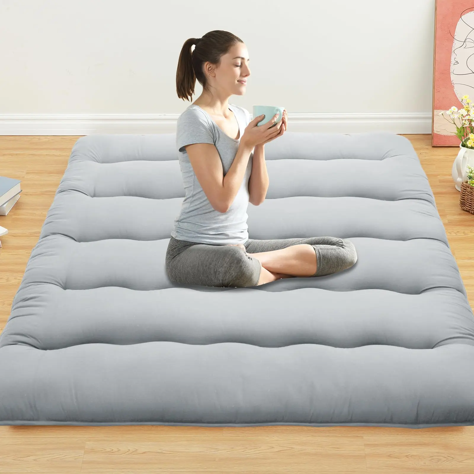 GARVEE Queen Size Japanese Futon Sleeper Mattress - Microfiber Cloth Roll-Up Fold Folding Mattress for Adults, Floor Sleeping & Tatami Camping Sleeping Gear (Wave Light Grey), Multi-Layered, Tatami Fit, Foldable Futon Mattress, Tatami Sleeping Pad
