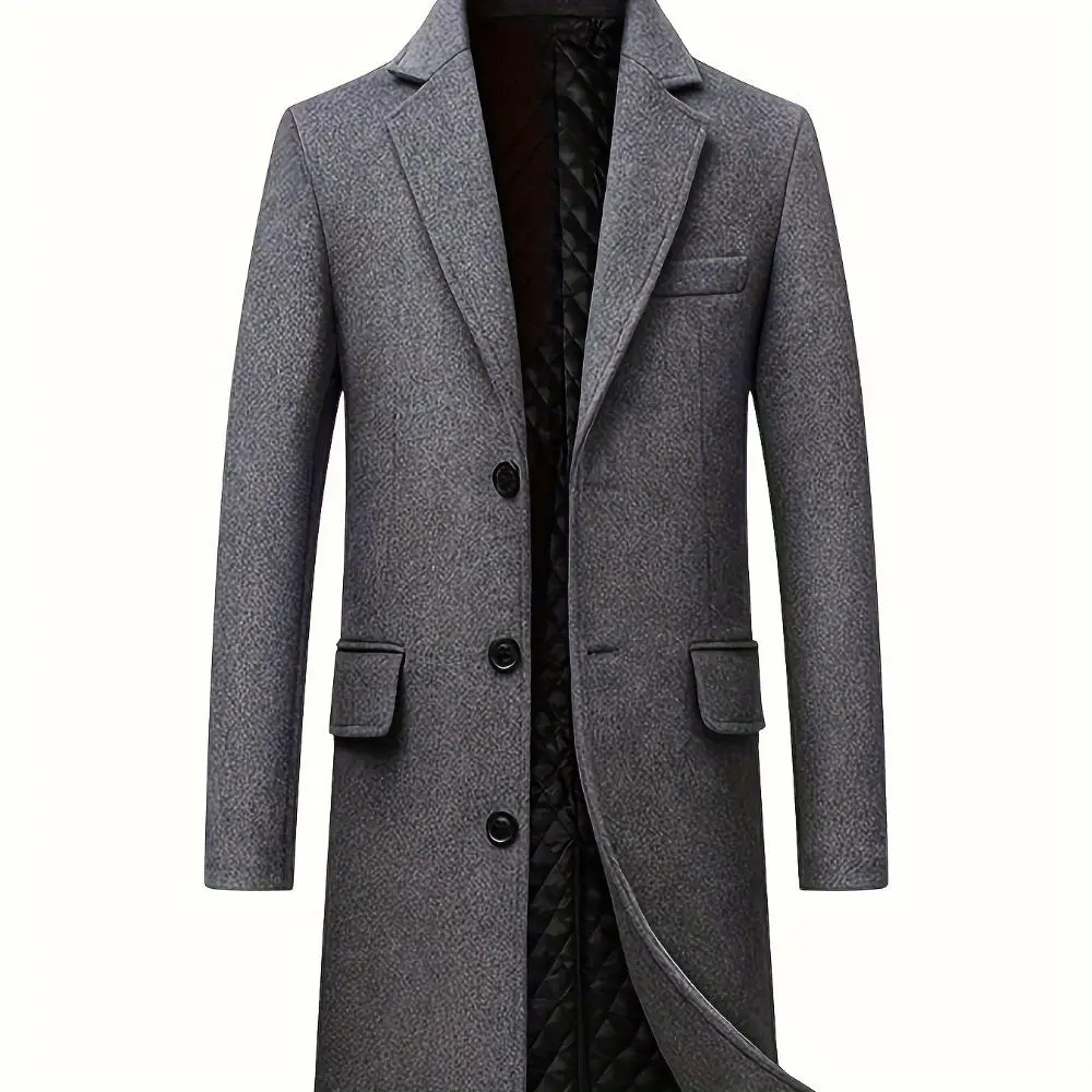 Men's tweed coat - warm grey coat with pockets, button-down front, fashionable lapel, suitable for casual wear in autumn and winter, cold weather clothing. Button-down front coat. Functional pockets