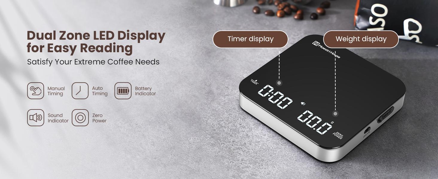 Maestri House Rechargeable Kitchen Scale, Portable Coffee Scale Digital Smart Food Scale,2kg/0.1g Accurate Glass Scale for Espresso Measuring Utensils