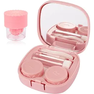 Contact Lens Case Kit with Cleaner Washer, Contact Lenses Applicator Removal Tool Kit with Mirror Solution Bottle for Daily and Outdoor Use(Pink)