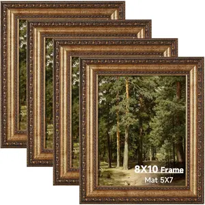 8x10 Vintage Gold Picture Frame Set of 4, Antique Bronze Picture Frames for Wall Hanging or Tabletop, 8 x 10 Ornate Photo Frame with Real Glass, Display 5x7 Print with Mat or 8x10 without Mat, 4 Pack