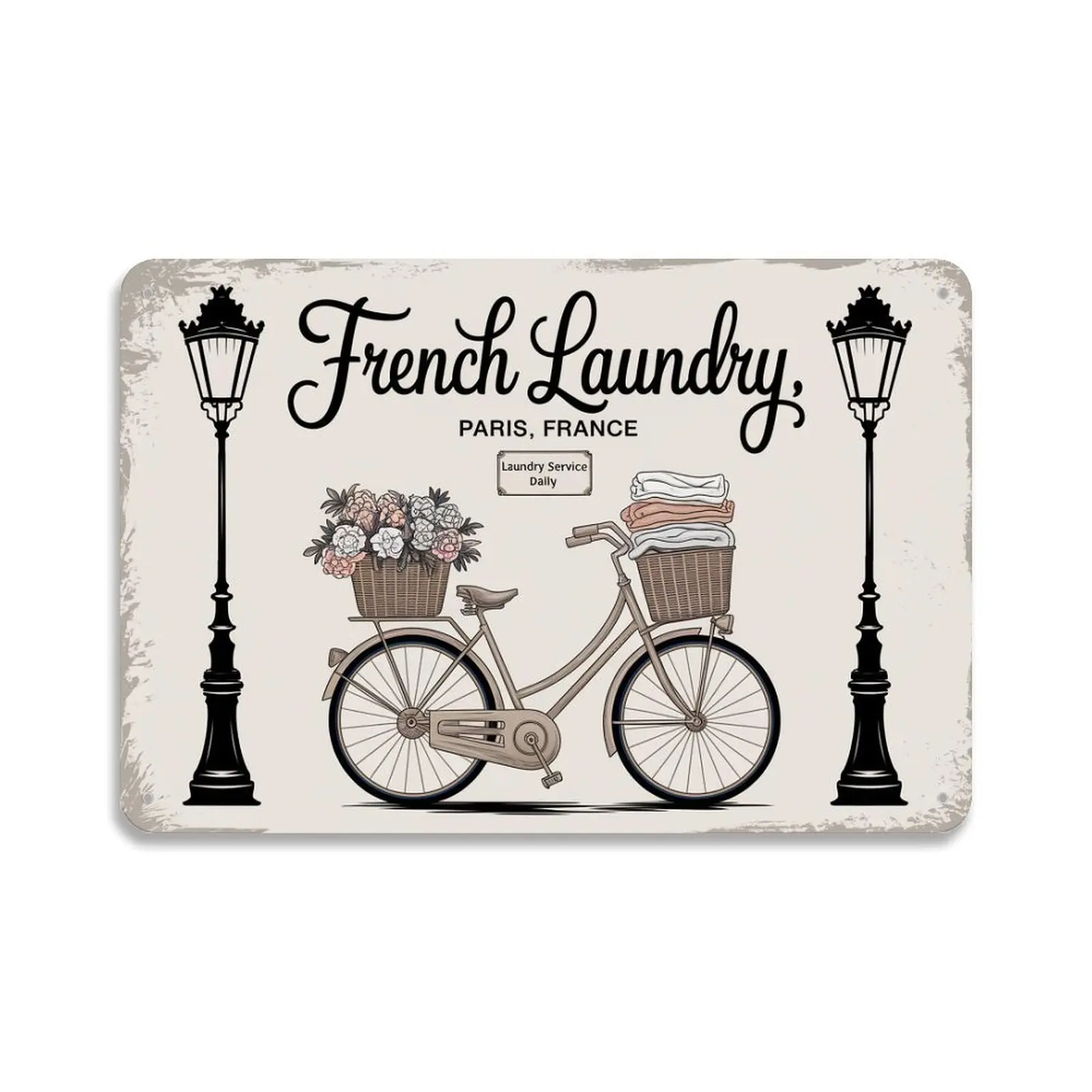 Parisian French Laundry Bicycle Flower Basket Vintage Metal Sign Print Aesthetic Room Decoration for Home Bedroom Kitchen Dorm Bathroom Wall Decor 8 X 12 ， Easy to Hang