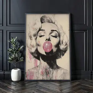 Marilyn Monroe Bubble Gum Pop Art poster, Iconic Black and White Wall Decor with Pink Bubble Gum Accent, Art prints unframed . (Poster only (unframed)) Water Proof Room