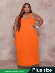 【Plus Size】 Cami Dress, Casual Chic Sleeveless Spaghetti Strap Long Dress for Summer, Women's Plus Clothing for Daily Wear, Womenswear