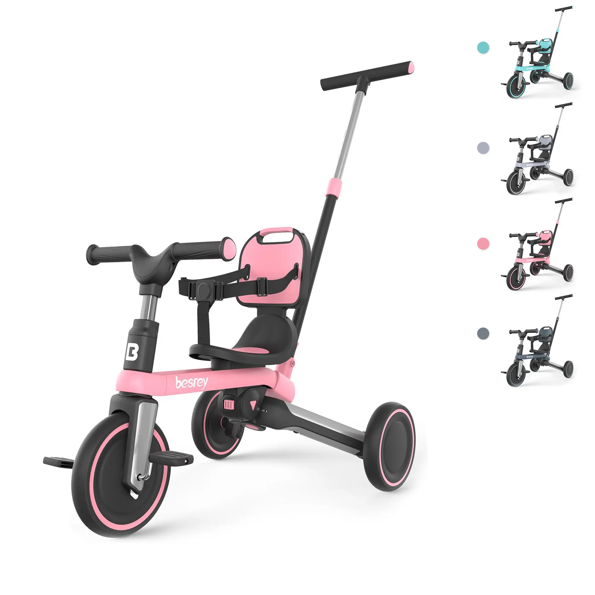 besrey Toddler Tricycle with Parent Steering Push Handle for 1-3 Years Old Girls and Boys, Toddler Bike with Removable Pedals, Foldable Kids Push Trike (Updated Version 2.0 Pink) Portable