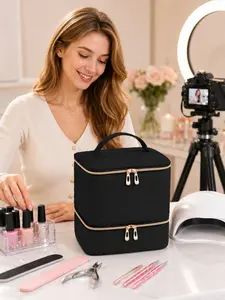 Fashion Nail Supplies Storage Bag for Women and Girls, Portable Makeup Organizer with Dual Layer Design and Gold Zipper, Travel Friendly Cosmetic Storage Case for Nail Polish and Beauty Tools, Cute Holiday Gift for Beauty Lovers and Nail Techs