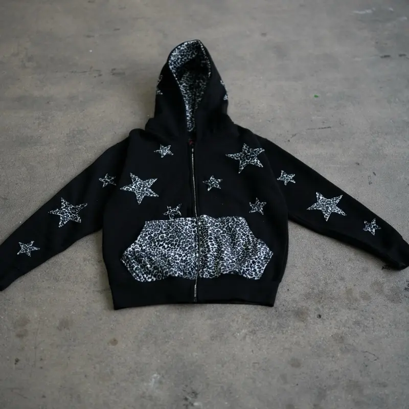 Y2K Rhinestone Star Hoodie with Leopard Print Bottom Zip-Up Black