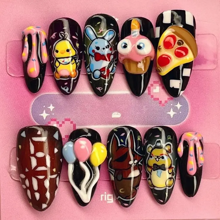 Horror Game Inspired Press Five Nights Freddyn On Nails Handmade 3D Animatronic Gothic Halloween Stiletto Reusable Gel False Nail Set with Nail Kit | Free Adhesive Tabs Nail File & Cuticle Stick